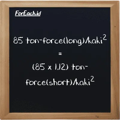 Cara konversi ton-force(long)/kaki<sup>2</sup> ke ton-force(short)/kaki<sup>2</sup> (LT f/ft<sup>2</sup> ke tf/ft<sup>2</sup>): 85 ton-force(long)/kaki<sup>2</sup> (LT f/ft<sup>2</sup>) setara dengan 85 dikalikan dengan 1.12 ton-force(short)/kaki<sup>2</sup> (tf/ft<sup>2</sup>)